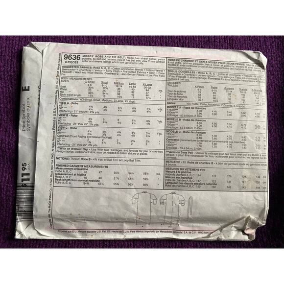 McCalls 9636 sewing pattern robe size xs - Picture 3 of 5